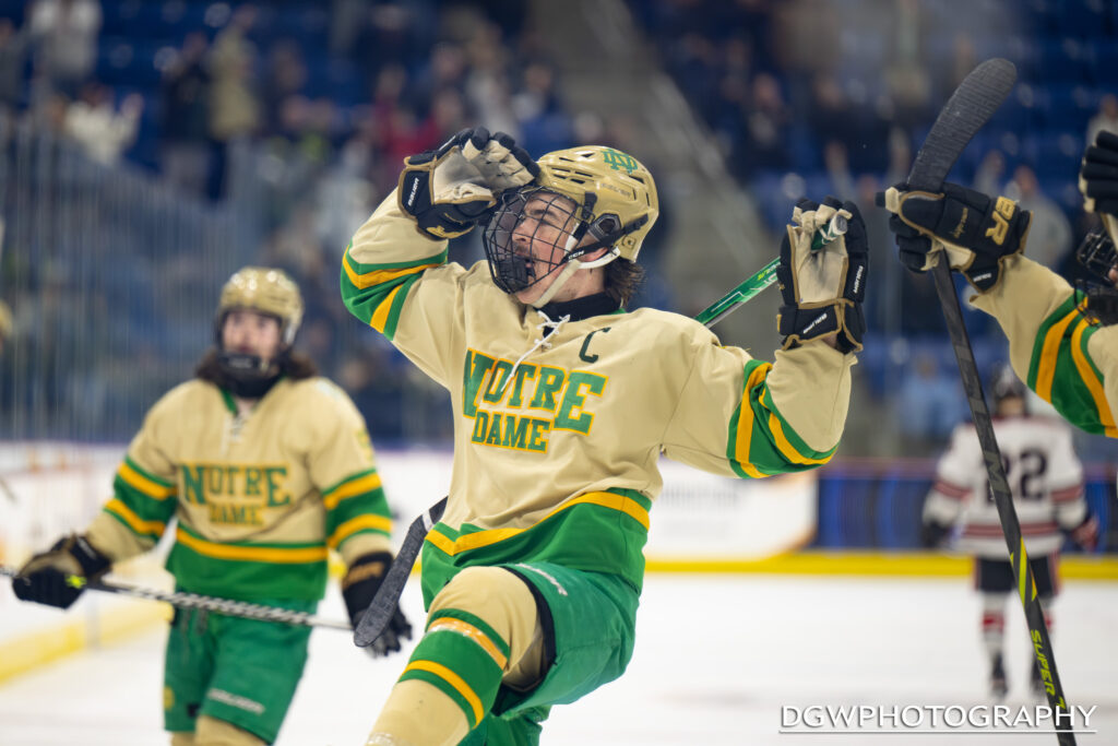 Notre Dame of West Haven's James Mascari celebrates after his third period goal