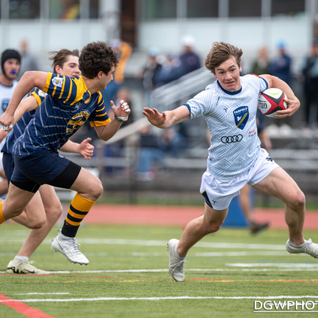 Fairfield's Colin Walker takes the ball all the way in for the score against Simsbury in High School Rugby action on Saturday.